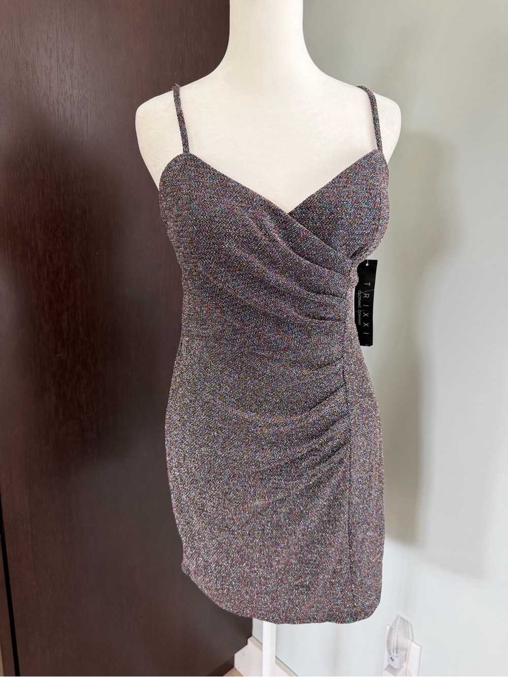 NWT Trixxi Multicolor Sparkle Ruched Mini Dress Size M Metallic Glitter Party